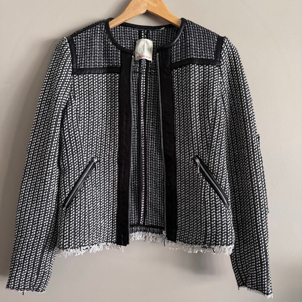 ❌SOLD❌ Rebecca Taylor Black and White Tweed Lamb Leather Trim Zip Jacket Blazer - Picture 3 of 11